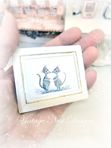 Mice No.8:1 Dollhouse Miniature Handmade Wooden Framed Art image 1