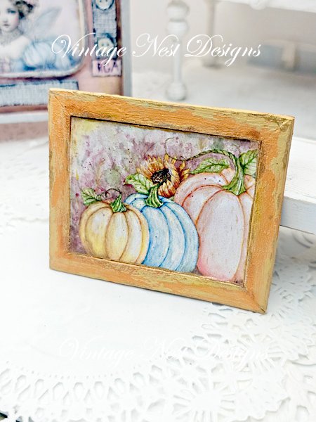 Fall Pumpkins No.2:1 Dollhouse Miniature Handmade Wooden Framed Art image 0