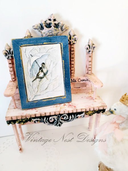 Winter Snow Birds No.1:2 Dollhouse Miniature Handmade Wooden Framed Art image 2