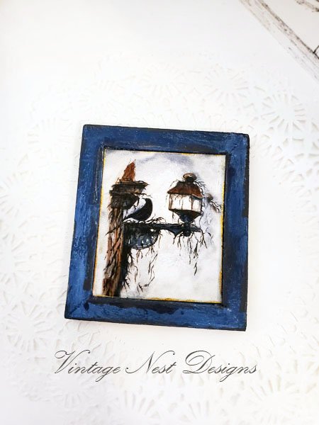 Crow Lantern No.1:4 Dollhouse Miniature Handmade Wooden Framed Art image 4
