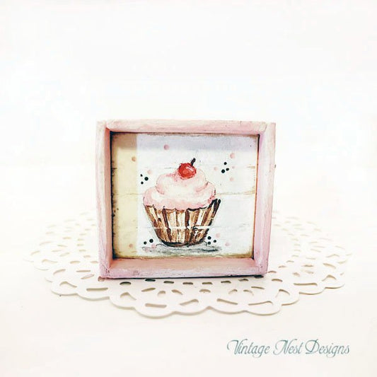 Cupcake No.9:1 Dollhouse Miniature Handmade Framed Art image 0