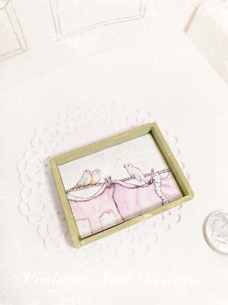 Laundry Birds No.1:1 Dollhouse Miniature Handmade Wooden Framed Art image 7
