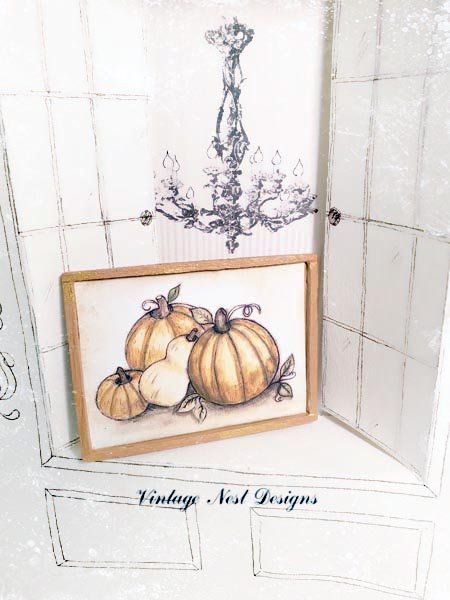 Pumpkins No.3:2 Dollhouse Miniature Handmade Wooden Framed Art image 1