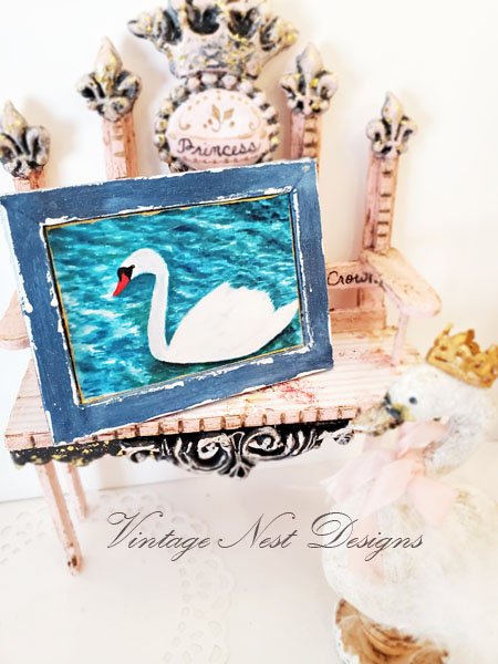 Swan No.3:1 Dollhouse Miniature Handmade Wooden Framed Art image 1