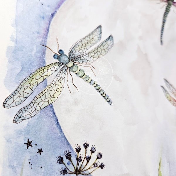 The moon and Dragonflies Fine Art Original Watercolor Painting image 1