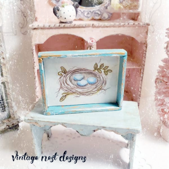 Bird Nest No.1:1 Dollhouse Miniature Handmade Wooden Framed Art image 2