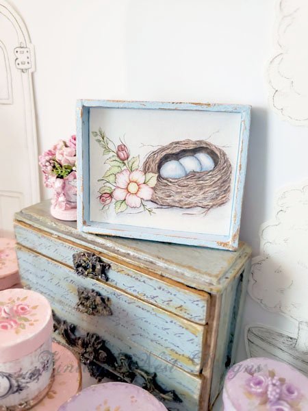 Bird Nest Roses No.2:1 Dollhouse Miniature Handmade Wooden Framed Art image 1