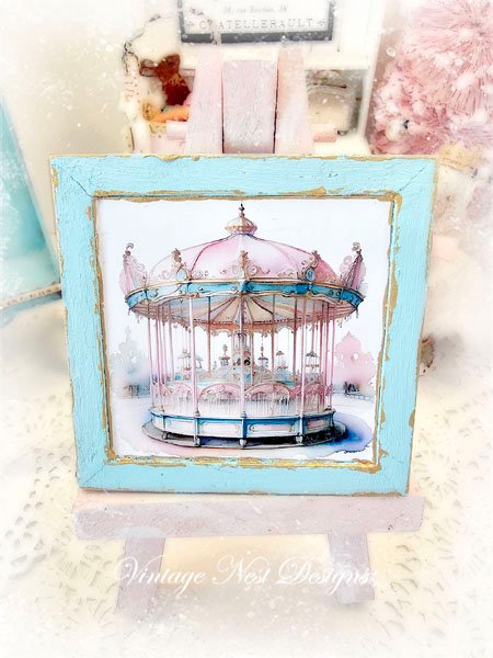 Carousel No.3:1 Dollhouse Miniature Handmade Wooden Framed Art image 0