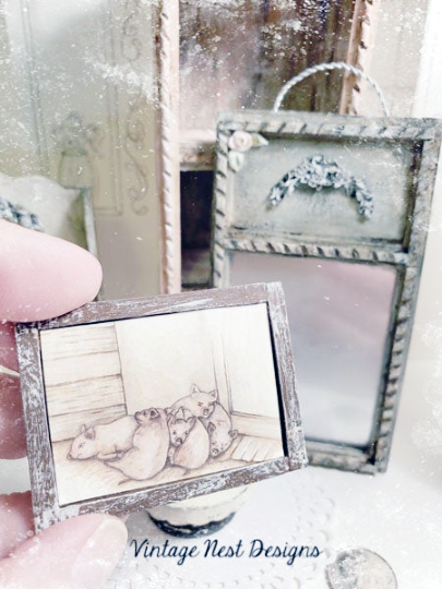 Piglets No.1:2 Dollhouse Miniature Handmade Wooden Framed Art image 5
