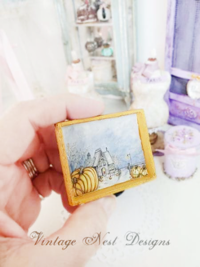 Halloween Pumpkins No.2:2 Dollhouse Miniature Handmade Wooden Framed Art image 3