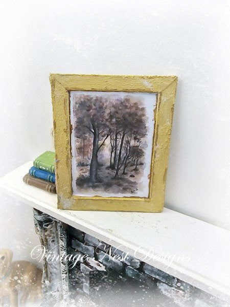Fall Trees No.1:1 Dollhouse Miniature Handmade Wooden Framed Art image 1