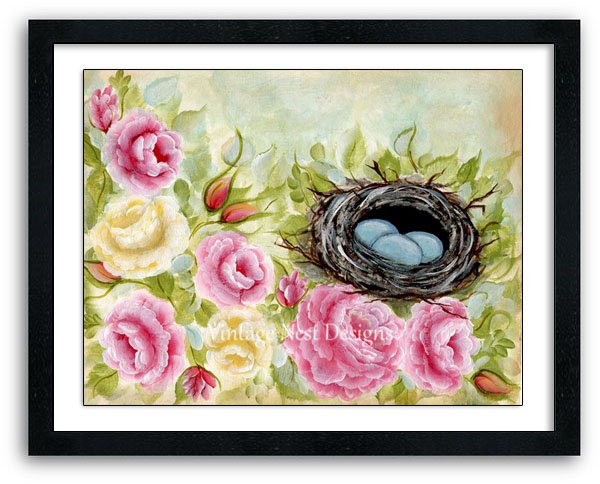 Bird Nest Roses No.3 Digital Prints Acrylic Painting image 1
