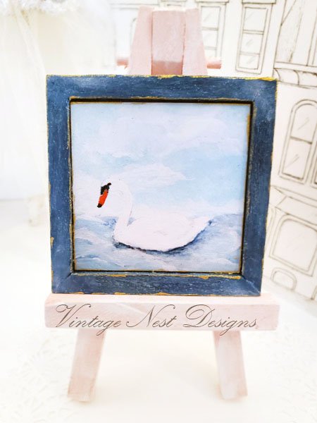 Swan No.1:2 Dollhouse Miniature Handmade Wooden Framed Art image 0