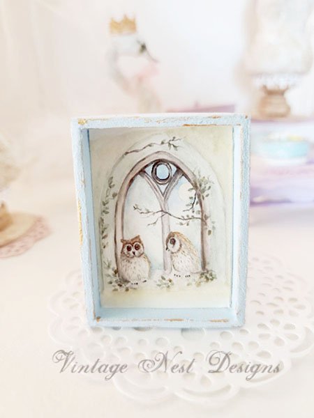 Two Owls in a Window No.1:1 Dollhouse Miniature Handmade Wooden Framed Art image 0