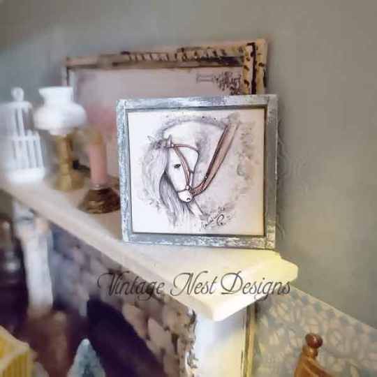 Andalusian Horse No.1:1 Dollhouse Miniature Handmade Wooden Framed Art image 0