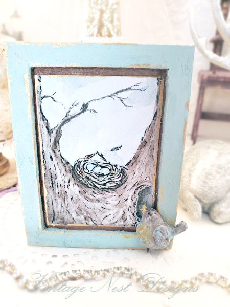Bird Nest Tree No.2:1 Dollhouse Miniature Handmade Wooden Framed Art image 0