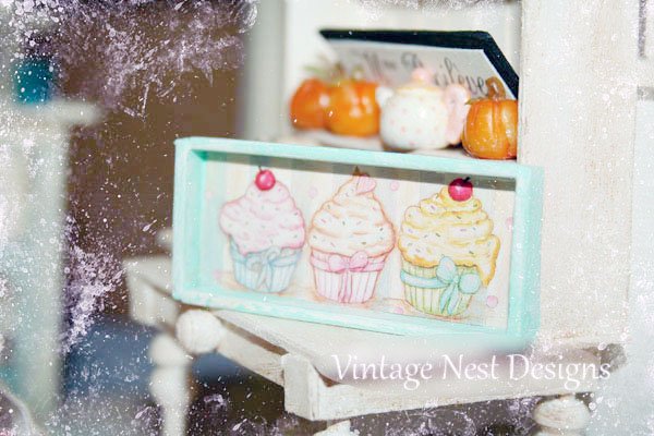Three Cupcakes No.4:5 Dollhouse Miniature Handmade Wooden Framed Art image 4