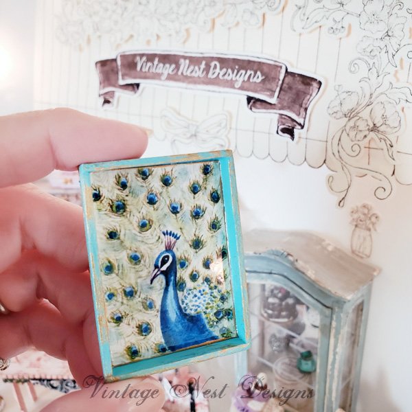 Peacock No.2:2 Dollhouse Miniature Handmade Wooden Framed Art image 1