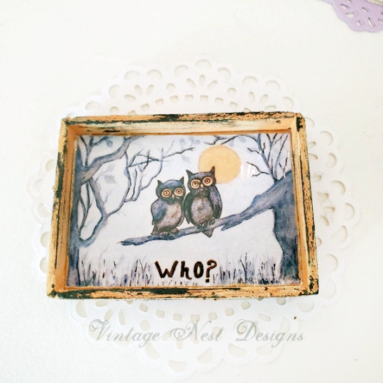 Owls, One Who No.1:1 Dollhouse Miniature Handmade Wooden Framed Art image 1
