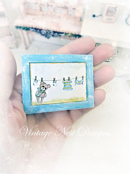 Baby Bear Nursery Art No.1:1 Dollhouse Miniature Handmade Wooden Framed Art image 1