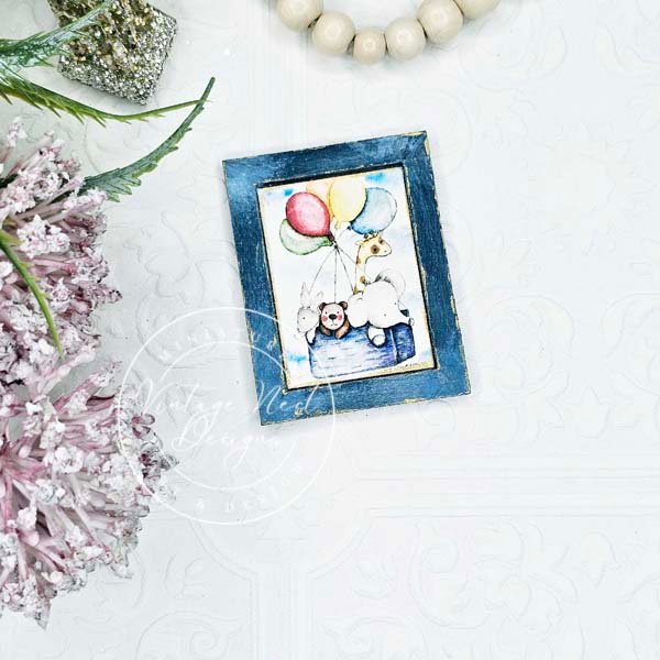 Animals & Balloons No.1:2 Dollhouse Miniature Handmade Wooden Framed Art image 1