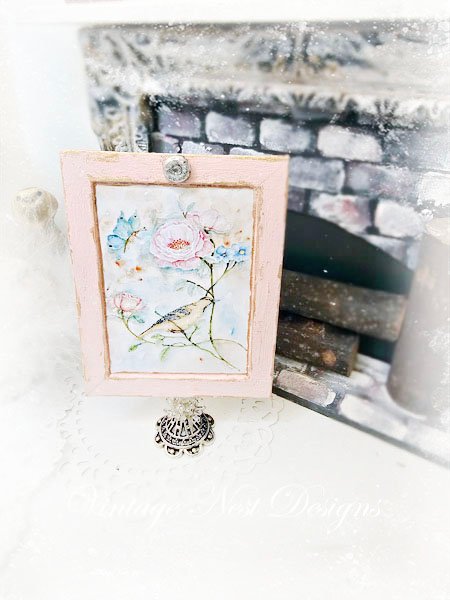 Bird Nest Roses No.5:2 Dollhouse Miniature Handmade Wooden Framed Art image 5