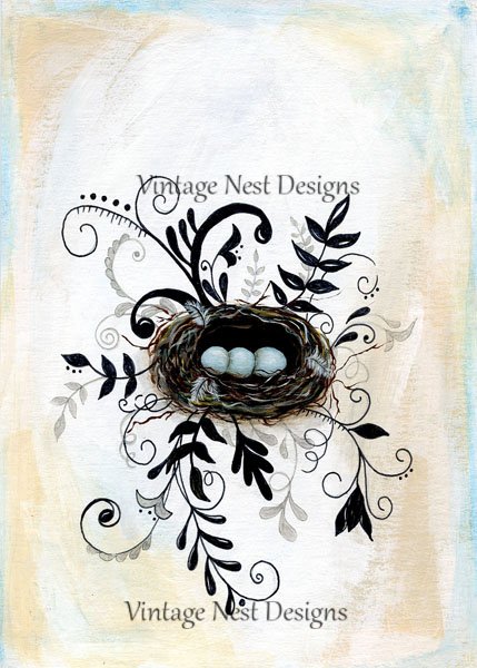 Bird Nest Flourishes No.1 Digital Prints Acrylic Painting image 0