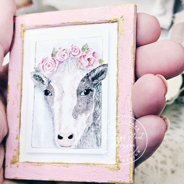 Dollhouse Miniature Cow with Roses No.1:2 Handmade Wooden Framed Art image 2