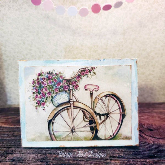 Roses on a Bicycle No.1:2 Dollhouse Miniature Handmade Wooden Framed Art image 0
