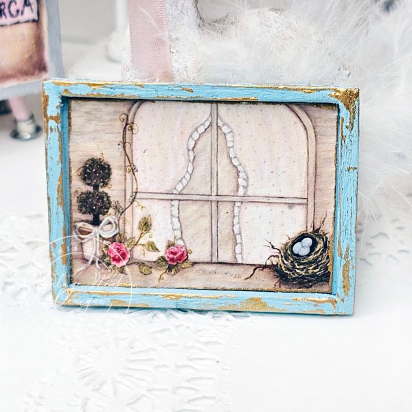 Bird Nest Topiary No.1:2 Dollhouse Miniature Handmade Wooden Framed Art image 4