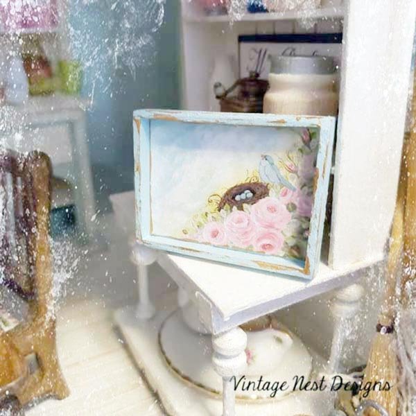 Bird Nest Roses No.1:1 Dollhouse Miniature Handmade Wooden Framed Art image 2
