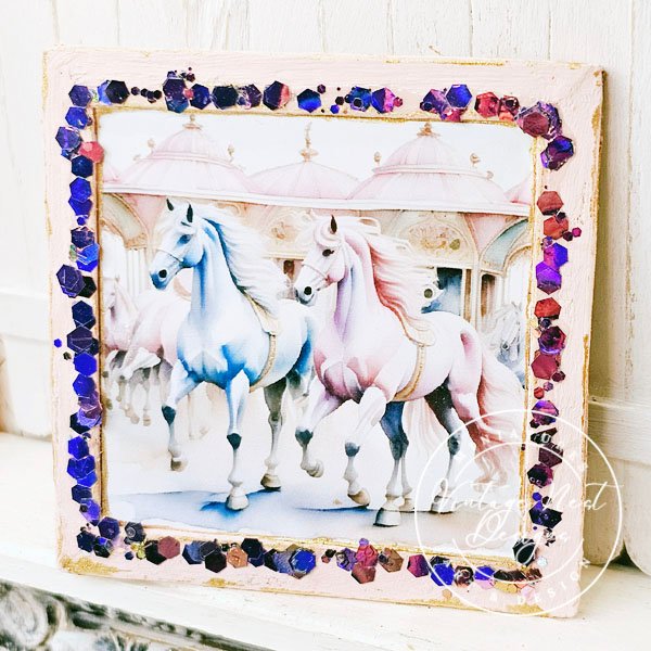 Carousel Horses No.1:1 Dollhouse Miniature Handmade Wooden Framed Art image 1