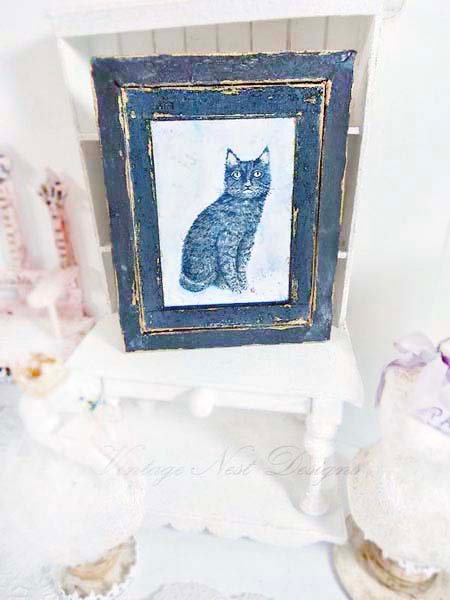 Black Cat No.1:2 Dollhouse Miniature Handmade Wooden Framed Art image 2