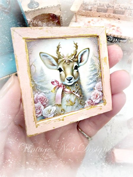 Christmas Doe No.2:1 Dollhouse Miniature Handmade Wooden Framed Art image 4