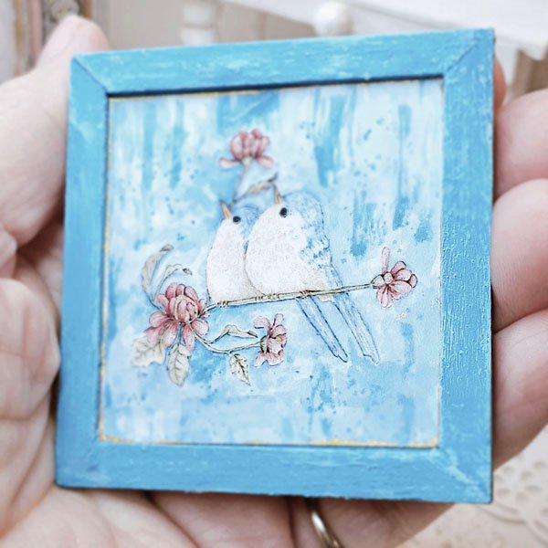 Two Tweets No.1:2 Dollhouse Miniature Handmade Wooden Framed Art image 4