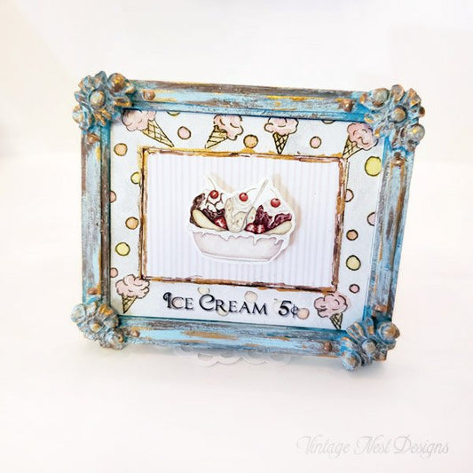 Banana Split Sundae No.1:4 Dollhouse Miniature Handmade Wooden Framed Art image 0