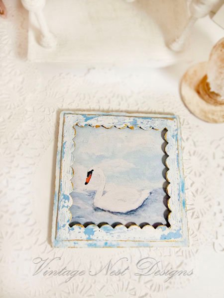 Swan No.1:3 Dollhouse Miniature Handmade Wooden Framed Art image 3