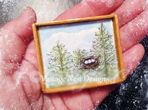 Bird Nest No.22:1 Dollhouse Miniature Handmade Wooden Framed Art image 0