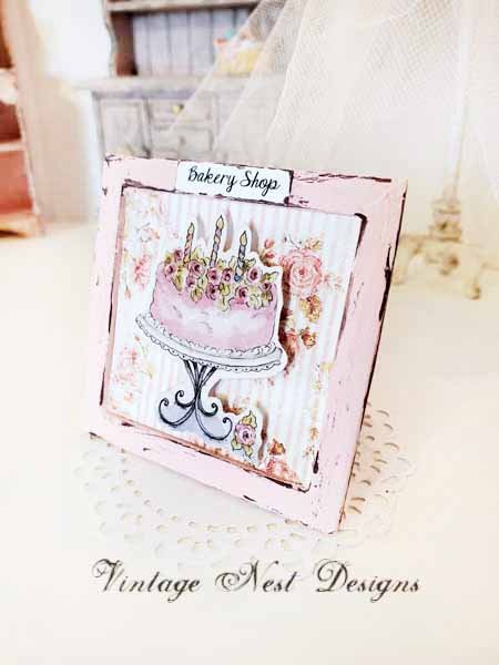 Pink Cake No.12:1 Dollhouse Miniature Handmade Wooden Framed Art image 1