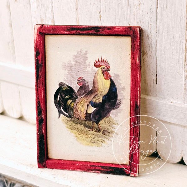 Rooster No.2:1 Dollhouse Miniature Handmade Wooden Framed Art image 0