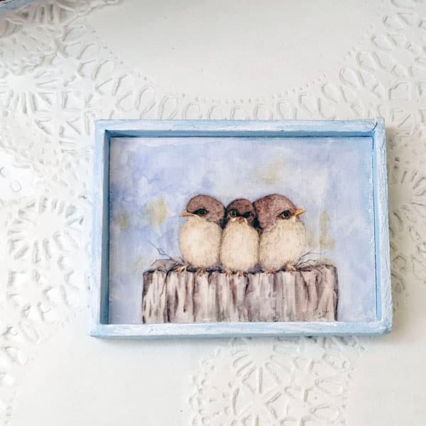 Three Tweets No.1:1 Dollhouse Miniature Handmade Wooden Framed Art image 3
