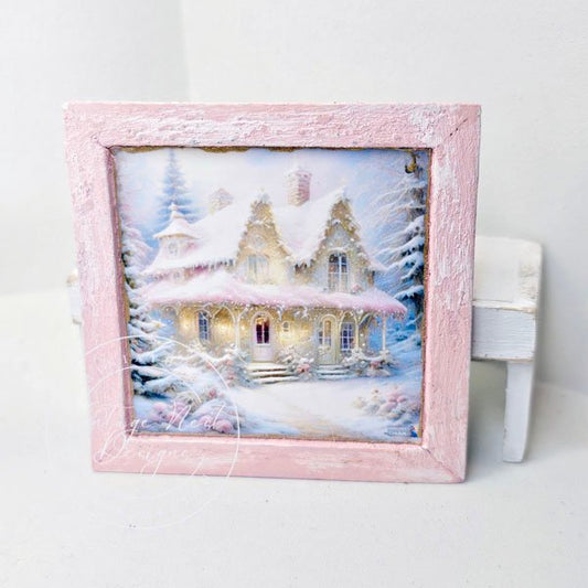 Christmas Cottage No.1:1 Dollhouse Miniature Handmade Wooden Framed Art image 0
