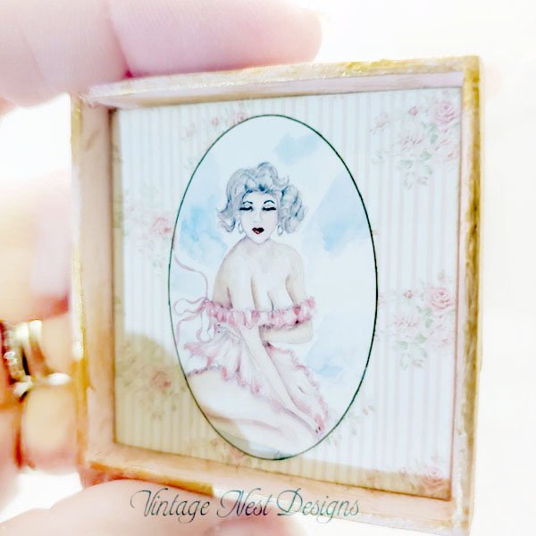 Pin Up Girl No.2:1 Dollhouse Miniature Handmade Wooden Framed Art image 1
