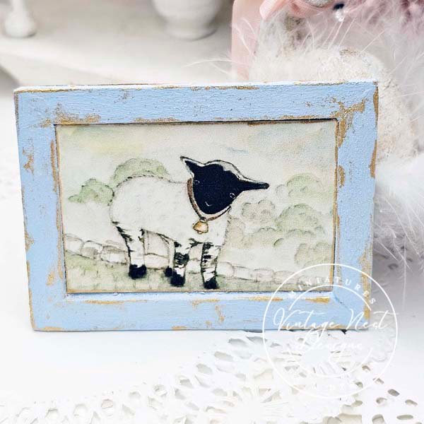 Nursery Lamb No.1:2 Dollhouse Miniature Handmade Wooden Framed Art image 0