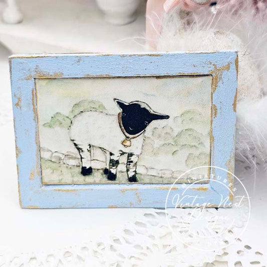 Nursery Lamb No.1:2 Dollhouse Miniature Handmade Wooden Framed Art image 0
