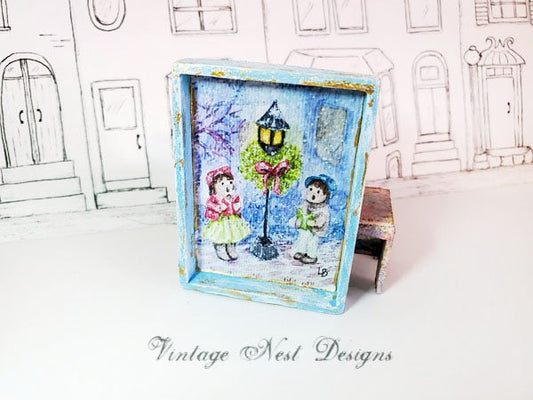 Children Carolers No.1:1 Dollhouse Miniature Handmade Wooden Framed Art image 0