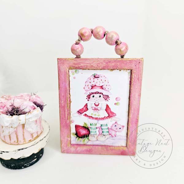 Strawberry Shortcake No.1:1 Dollhouse Miniature Handmade Wooden Framed Art image 6