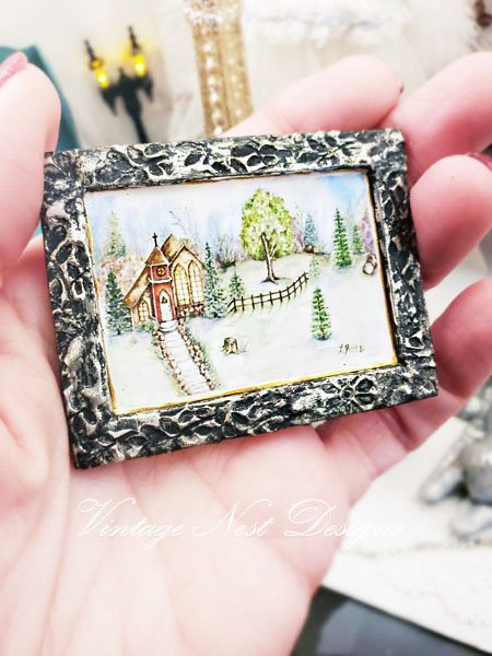 Church in the Woods No.2:3 Dollhouse Miniature Handmade Wooden Framed Art image 3