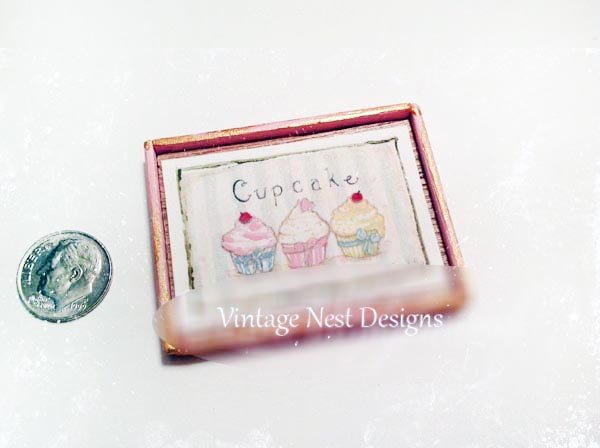 Three Cupcakes No.4:1 Dollhouse Miniature Handmade Wooden Framed Art image 0
