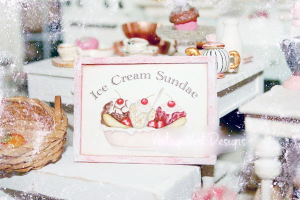 Banana Split Sundae No.1:1 Dollhouse Miniature Handmade Wooden Framed Art image 2